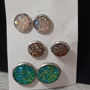 Fantasy Starry Sky Glitter Silver-Toned Stud Earrings, Set of 3